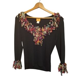 Ruby Rd Black Fringe Confetti Trim Sweater Ladies Large Whimsical Fitted Boho